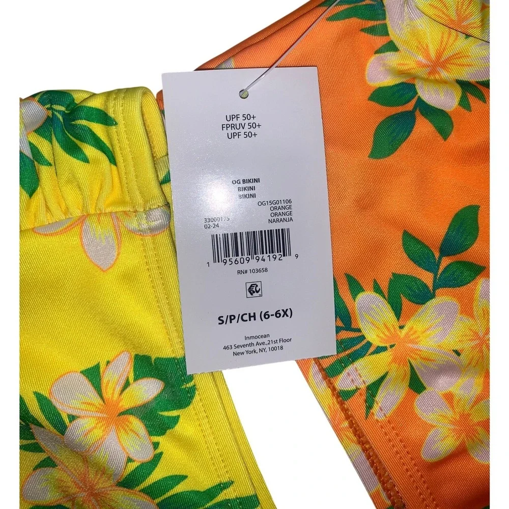 Ocean Gear Girls Orange Yellow Tropical Floral Puff Sleeve Bikini Set Size 6-6X